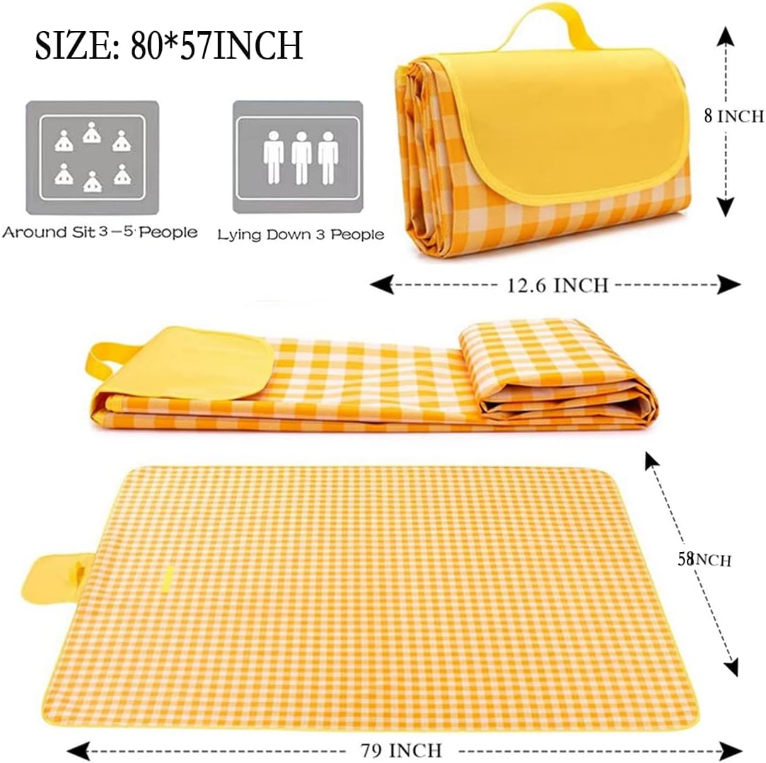 SYCHENG Beach Blanket Large Picnic Blankets, Sandproof Beach Mat Waterproof Quick Drying Outdoor Picnic Mat for Travel Camping Hiking Festival Park Lawn (Yellow Plaids)